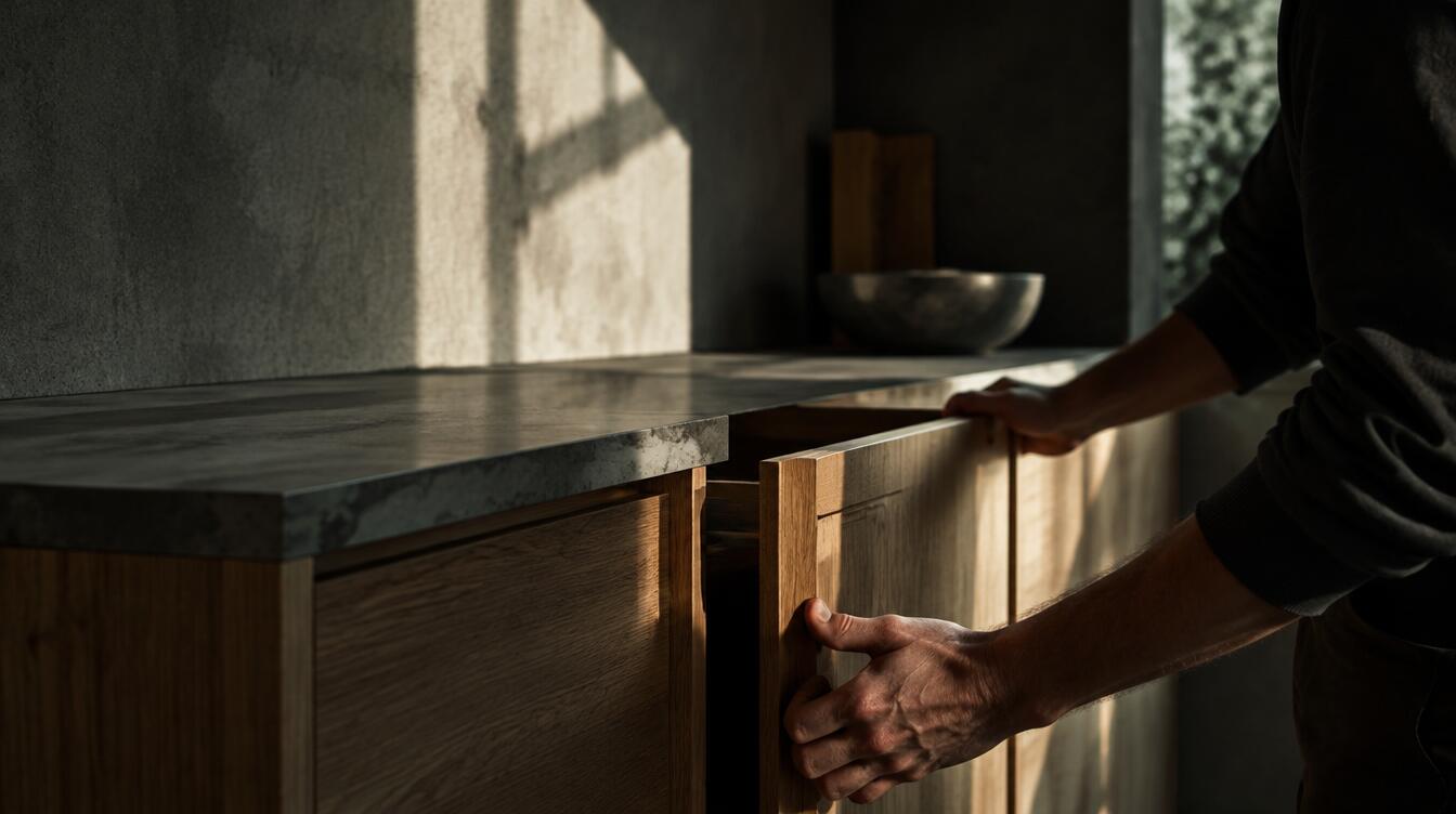 Handen van een vakman die een eikenhouten keukenkastje plaatsen in zijlicht