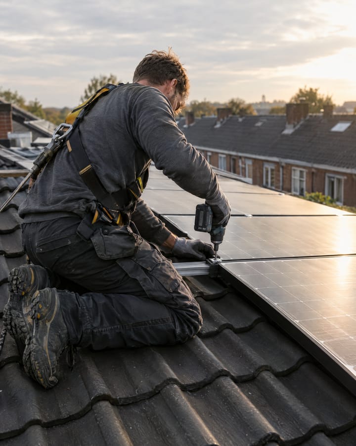 Monteur in werkkleding schroeft een zonnepaneel vast op het dak van een rijtjeshuis